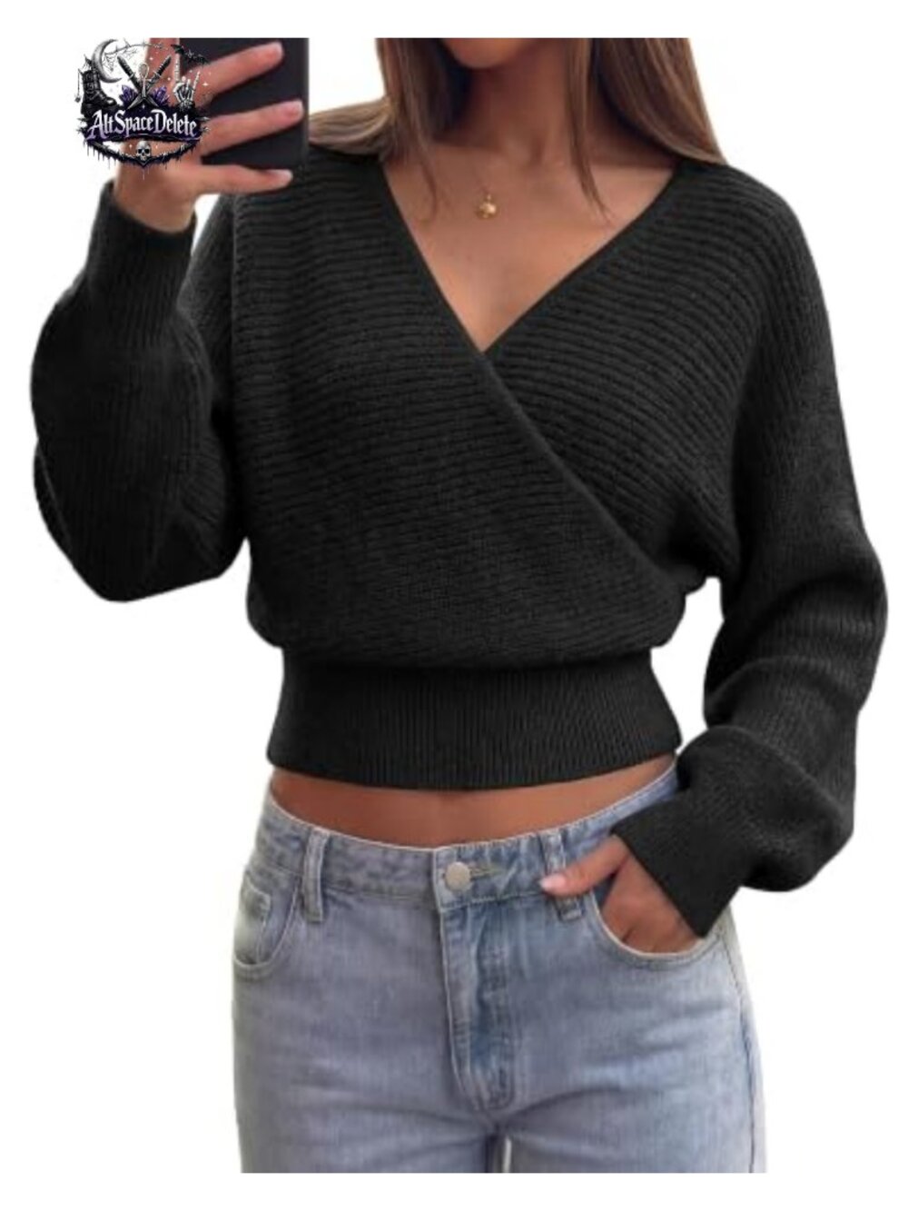 Ribbed Knit V Neck Wrap Cross Front Sweater Pullover Long Sleeve Cozy